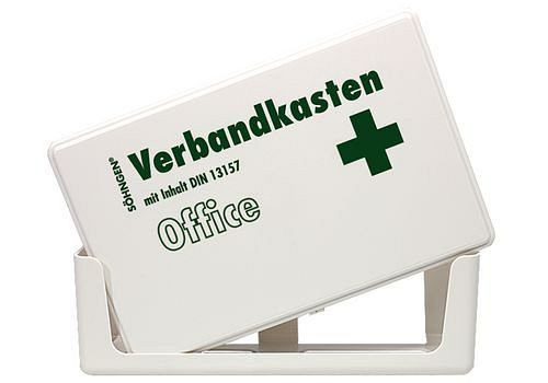 Trousse de secours DENIOS Office avec remplissage selon DIN 13157, avec support mural, blanc, 164-914