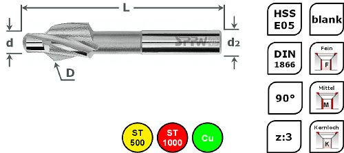 Fraise SPPW HSS-E05 90° DIN1866 Ø7.0x2.9 M3.5 K, 155800035K