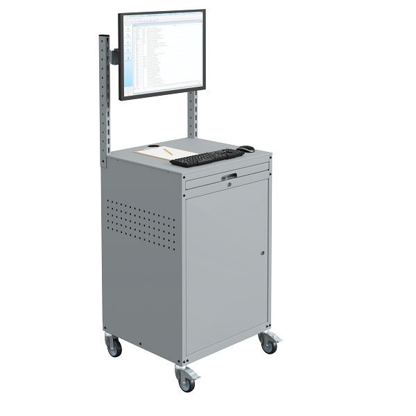 Meuble informatique SOFAME MODULINFO L695 x P 660 x H 1005 mm avec rail et support écran sur roulettes, gris clair RAL 7035, W040010032GCGC
