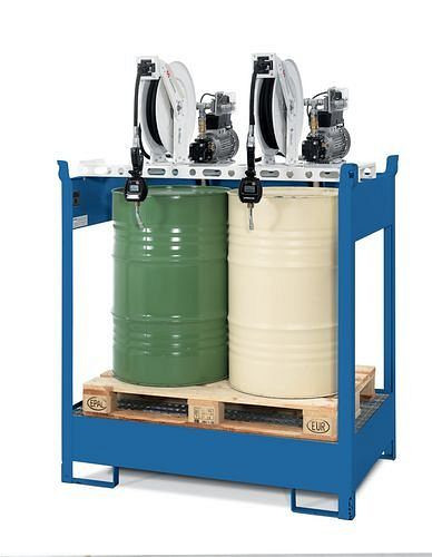 Station pétrolière DENIOS EPO-2, cuve, 2 pompes vide-fût électriques, enrouleur de tuyau 10 m, 201-603