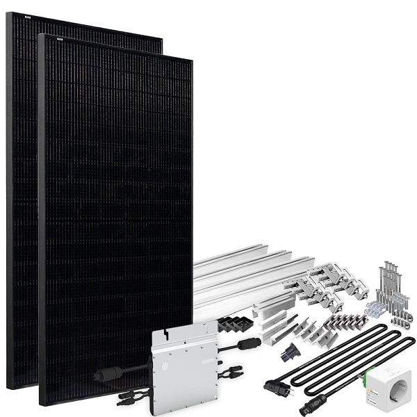 Offgridtec Solar-Direct Centrale électrique pour balcon 820 W HM-800 Prise Schuko noire complète - 5 m - Kit de montage sur toit en tuiles avec compteur électrique, 4-01-016030-001