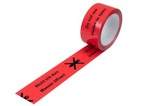 Ruban adhésif d'avertissement DENIOS, PP, impression du symbole du couteau, en rouge signal, 50 mm de large x 66 m, paquet : 12 rouleaux, 299575