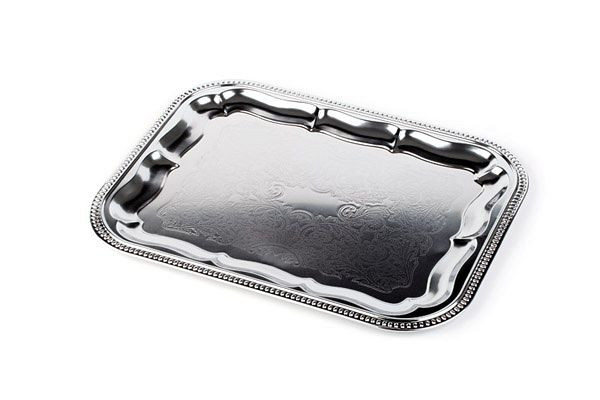 Assiette de fête APS, rectangulaire, 41 x 31 cm, métal nickelé et chromé brillant, surface intérieure ciselée, bord roulé, lot de 48, 00392
