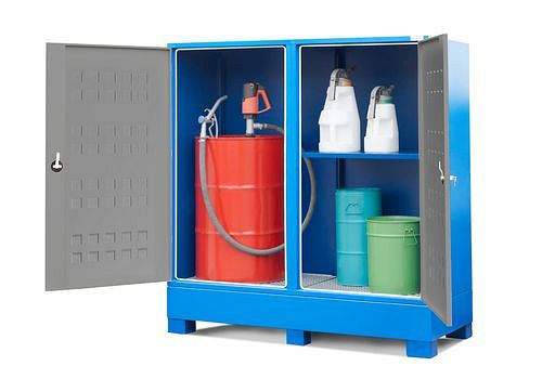 Dépôt de substances dangereuses DENIOS SteelSafe D2, avec portes et 1 étagère, pour 1 baril et petit conteneur, 259-064