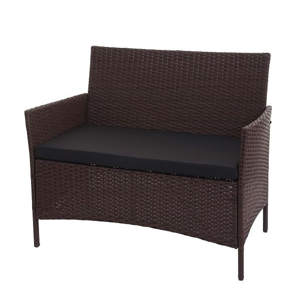 Banc de jardin en poly rotin Mendler Halden, banc, marron chiné, coussins noirs, 76334
