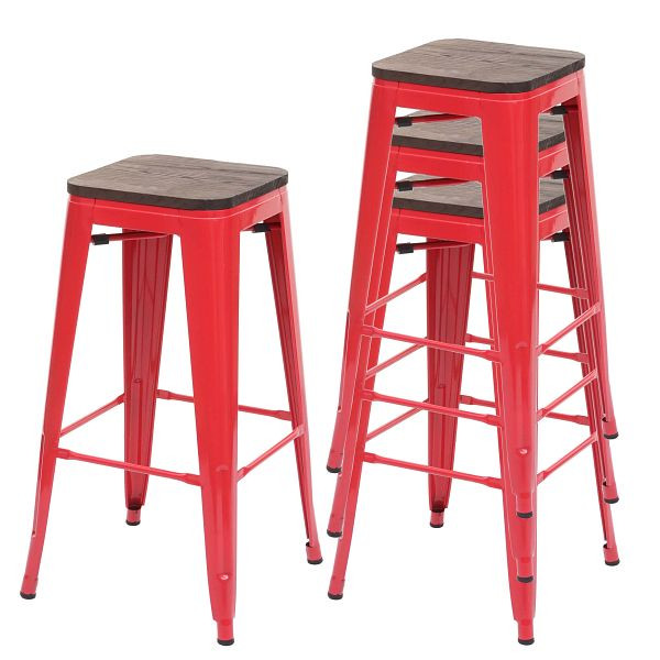 Ensemble de 4 tabourets de bar Mendler HWC-A73 avec siège en bois, tabouret de bar, design industriel en métal, empilable, rouge, 70769