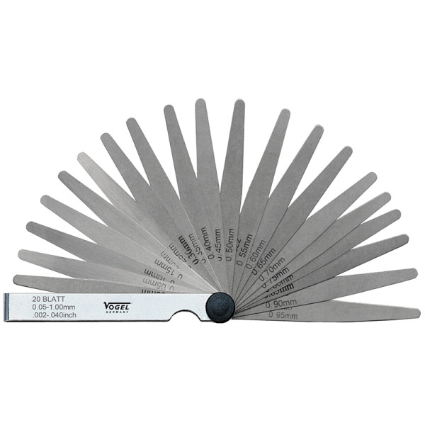 Jeu de jauges d'épaisseur Vogel Germany, individuellement en feuille, 0,05 - 1,00 mm / .002 - .040 pouce, 20 feuilles, 411007