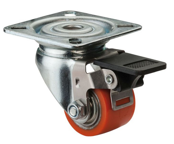 Rouleaux BS rouleau compact avec frein, largeur 25 mm, Ø35 mm, jusqu'à 100 kg, bande de roulement polyuréthane, corps de roue en acier, roulement à billes, pack : 2 pièces, A620.C10.035