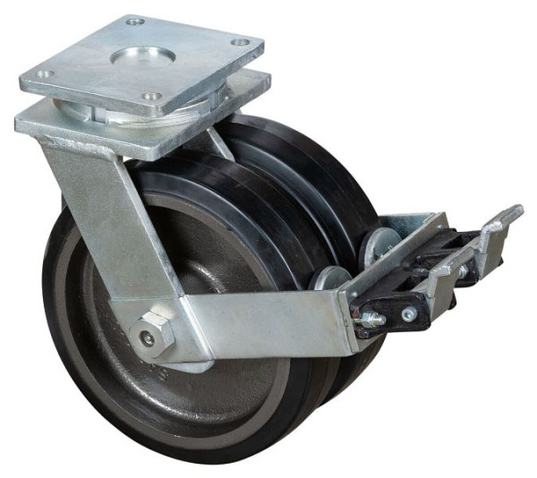 Roulettes BS Roulette double robuste avec roue/blocage, B2x75 mm, Ø300 mm, jusqu'à 1700 kg, bandages élastiques noirs, corps coulé, roulements à billes, S120.B81.300