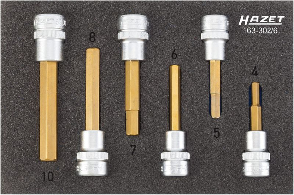 Jeu de douilles tournevis Hazet, carré creux 10 mm, profil à six pans creux, 4 - 10, nombre d'outils : 6, 163-302/6
