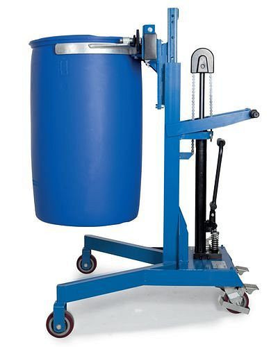 Élévateur de fûts DENIOS LD-SK en acier, peint, pour fûts en acier et en plastique 200-220-L, châssis en forme de V, 201-867