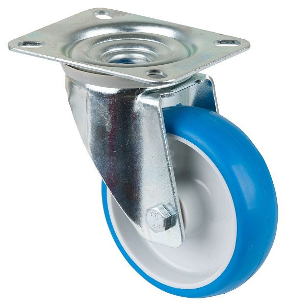Rouleau de transport BS rollers, largeur 30 mm, Ø100 mm, jusqu'à 125 kg, bande de roulement polyuréthane bleu, roulement à rouleaux, platine, lot de 2, L400.B36.100