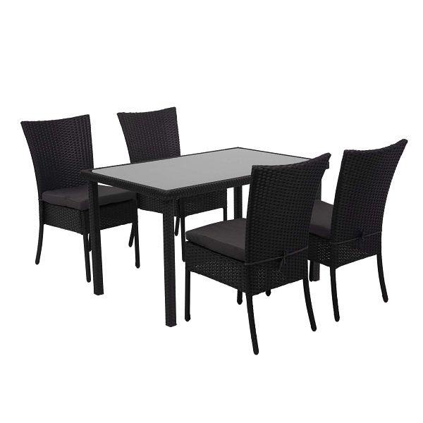 Ensemble en polyrotin Mendler HWC-G19, ensemble de balcon/salon de groupe de sièges, 4xchaise+table, 120x75cm, noir, coussins gris foncé, 2x70950+70951