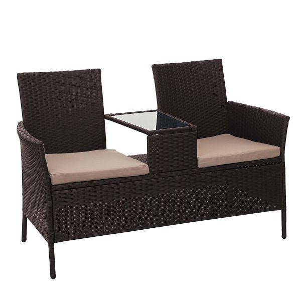 Banc en polyrotin Mendler avec table HWC-E24, groupe de sièges banc de jardin, canapé de jardin, 132cm, marron, coussin crème, 65245