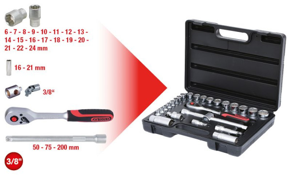 KS Tools Jeu de clés à douilles 3/8", 26 pièces, 911.0626