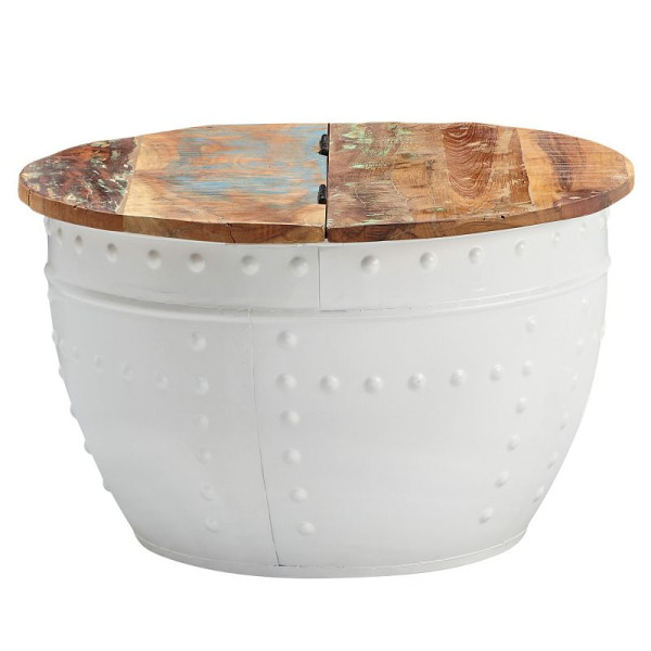 Wohnling Table Basse Mango 60x36x60 cm Bois Massif Métal Blanc Industriel Rond, WL6.328