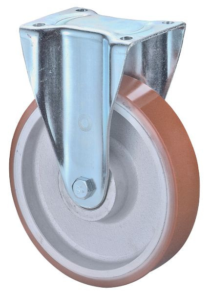 BS Rolls Roulette pour charges lourdes, roulette fixe, largeur de roue 50 mm, Ø roue 200 mm, capacité de charge 600 kg, polyuréthane coulé 95 Shore A, fonte, roulement à billes, N110.C10.203