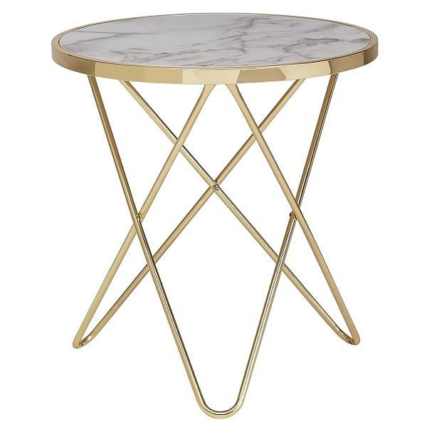 Wohnling Design table d'appoint aspect marbre blanc rond Ø55 cm structure en métal doré, WL5.996