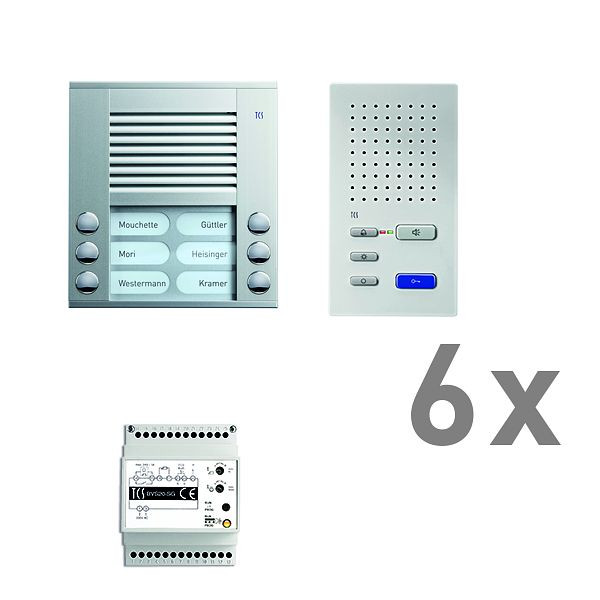 Système de commande de porte audio TCS : pack AP pour 6 unités résidentielles, avec poste extérieur PES 6 boutons de sonnerie, 6x haut-parleur mains libres ISW3030, unité de contrôle BVS20, PAAF062 / 002