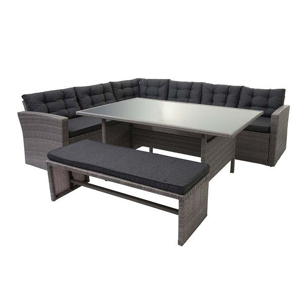 Mendler HWC-A29 ensemble en rotin poly, ensemble de jardin, ensemble de table à manger de salon, canapé, gris, coussins gris + banc, 76638+76639