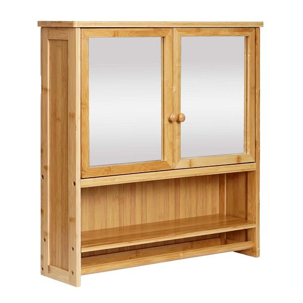 Armoire miroir Mendler HWC-B18, armoire murale armoire miroir de salle de bain, 3 étagères 2 portes miroir bambou 62x66x15cm, 84838