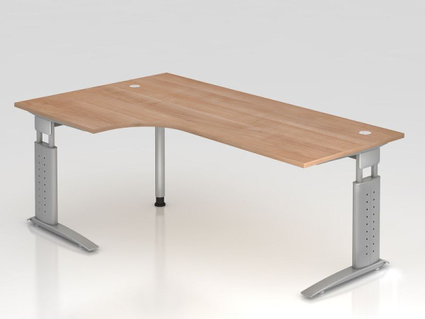 Table d'angle Hammerbacher pied C 200x120cm 90° noyer/argent, forme d'angle 90°, chemin de câbles horizontal, peut être monté à gauche ou à droite, VUS82/N/S