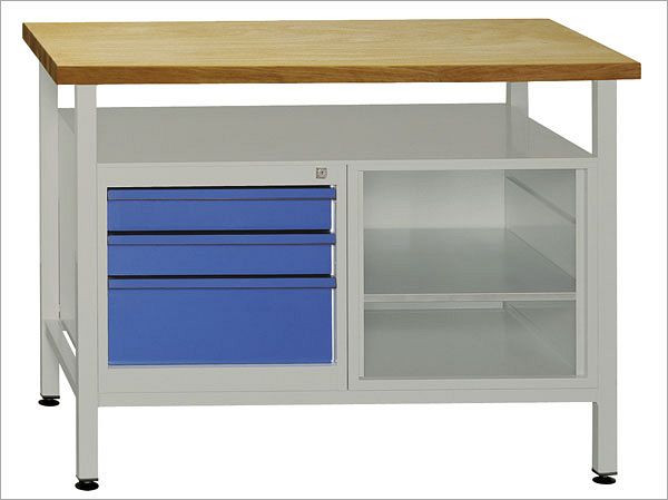 Etabli ADB 1 partie étagère + 3 tiroirs et étagère, dimensions : 1200x600x840mm (LxPxH), couleur table de travail : gris, RAL 7035, couleur porte : bleu clair, RAL 5012, 41926