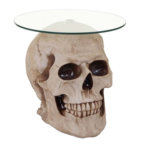 Mendler table d'appoint tête de mort HWC-A19, table de salon en verre table basse tête de mort, polyrésine ronde Ø55cm naturel, 62695