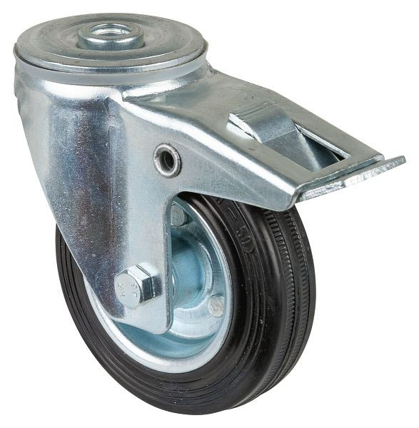 Rouleau de transport BS rollers avec frein, largeur 30 mm, Ø100 mm, jusqu'à 70 kg, bande de roulement en caoutchouc noir, roulement à rouleaux, lot de 4, L121.B55.100