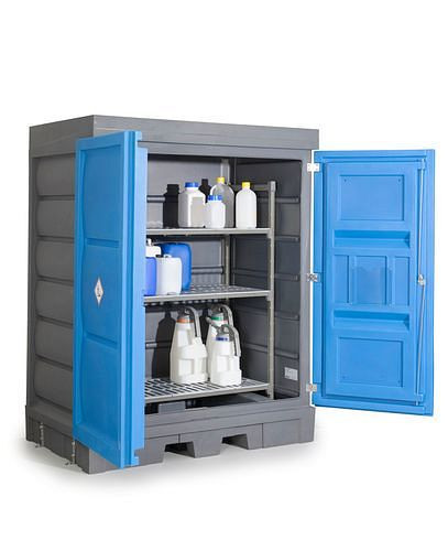 Dépôt de substances dangereuses DENIOS PolySafe D, avec portes et étagère en plastique pour petits conteneurs, 265-939