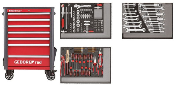 Set d'outils rouge GEDORE dans le chariot d'atelier rouge WINGMAN, 129 pièces, 7 tiroirs, 3301694