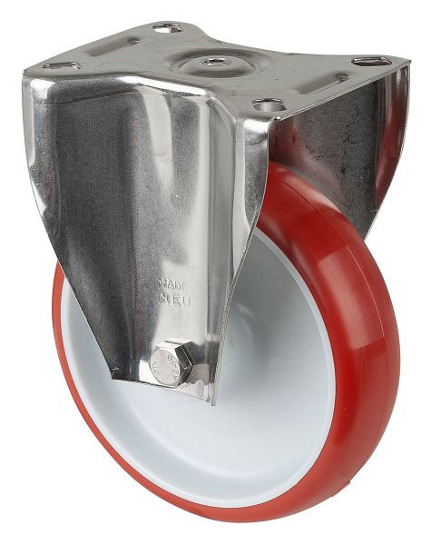 Rouleau de transport BS rollers inox, rouleau fixe, largeur 32 mm, Ø125 mm, jusqu'à 130 kg, bande de roulement polyuréthane rouge, plastique, palier lisse, plaque, H110.B26.125