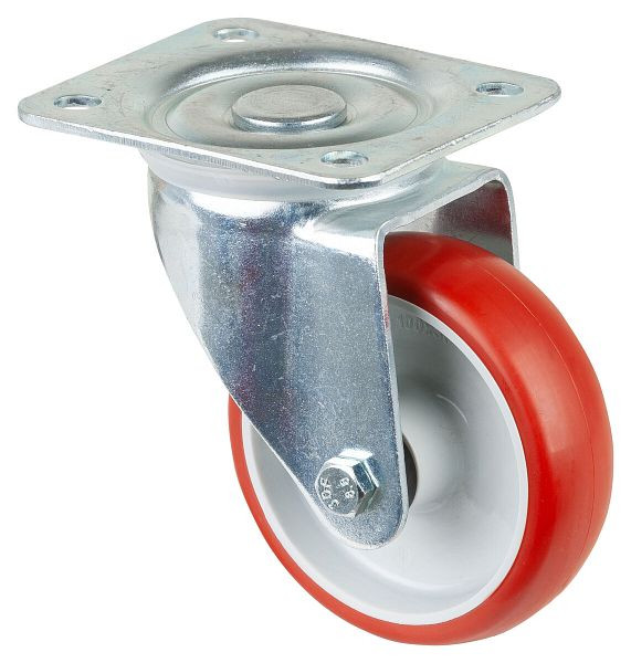 Rouleau de transport BS rollers, largeur 30 mm, Ø100 mm, jusqu'à 140 kg, bande de roulement polyuréthane rouge, corps de roue en plastique, roulement à rouleaux, plateau, LB500.B31.100