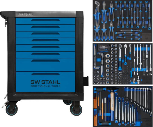 Chariot d'atelier professionnel SW-Stahl TT801, bleu, équipé, 213 pièces, Z3116