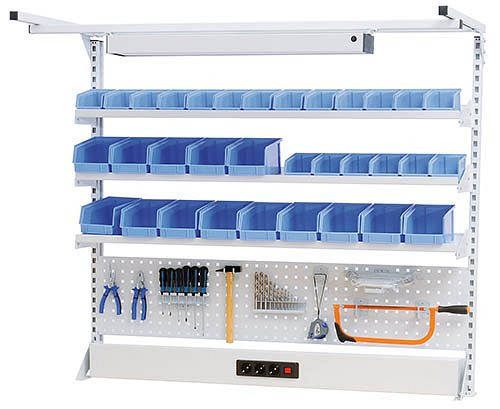Ligne de travail à structure multi-parois Bedrunka+Hirth avec cadre supérieur, 1x canal d'énergie, 1x paroi perforée, 3x étagère, dimensions en mm (LxPxH) : 1500 x 750 x 1250, 03.9001525WL