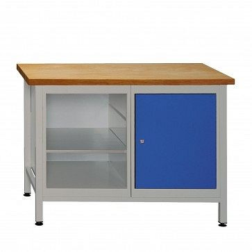 Porte d'établi ADB + partie étagère -1, dimensions : 1200x600x840mm (LxPxH), couleur table de travail : gris, RAL 7035, couleur de la porte : bleu clair (RAL 5012), 41925