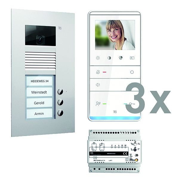 Vidéo du système de commande de porte TCS : pack UP pour 3 unités d'habitation, avec platine de rue AVU 3 boutons de sonnerie, 3x haut-parleur mains libres vidéo IVW5111, unité de commande, PVU17030-0010