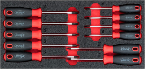 Jeu de tournevis TORX VIGOR, profil TORX interne, T6 - T40, nombre d'outils : 11, V4991
