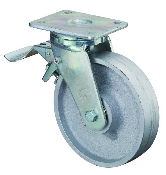 Roues BS Roulette robuste avec frein, largeur de roue 38 mm, Ø roue 100 mm, capacité de charge 300 kg, bande de roulement coulée, corps de roue coulé, roulement à billes, RR120.C81.100