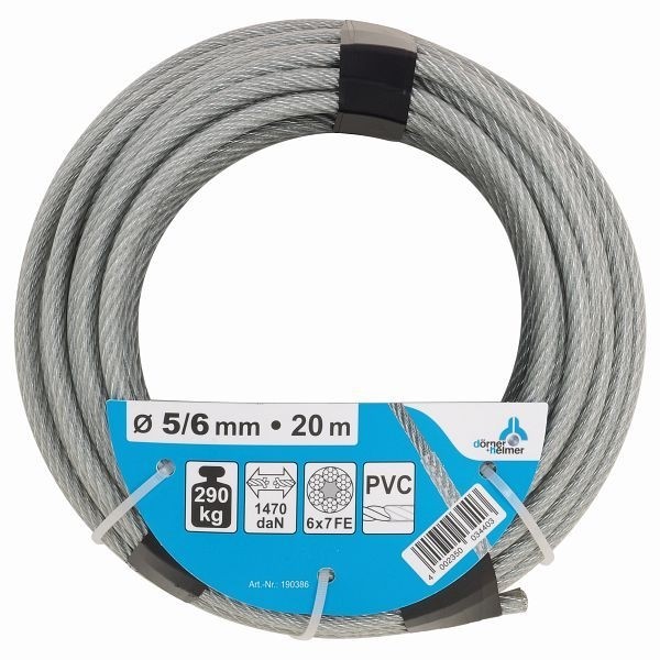Dörner + Helmer Stahldrahtseil, verzinkt, PVC-ummantelt (Ring) 6 x 7 + FE, PVC-ummantelt, 5 mm, Tragkraft 290 kg, 20 m, VE: 3 Stück, 190386