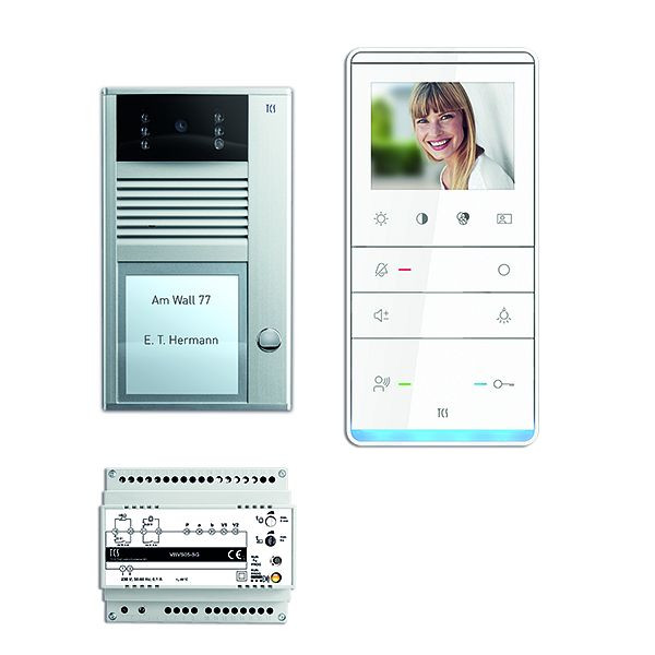 Commande de porte vidéo TCS : pack AP pour 1 logement, avec platine de rue AVC 1 bouton sonnerie, 1x haut-parleur mains libres vidéo IVW5111, commande, PVC1311-0010