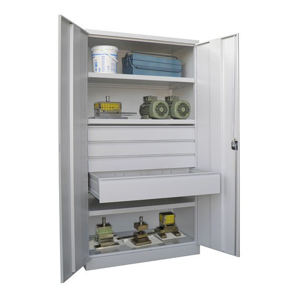 Armoire charges lourdes Pavoy 1950/1040/630, 3 étagères, 4 tiroirs, portes battantes, poignée rotative avec serrure à cylindre, 36365-104-004-910611