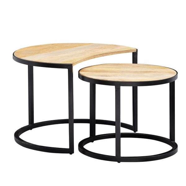 Wohnling – lot de 2 tables basses rondes en bois massif de manguier/métal, marron clair, avec pieds en métal noir, WL6.338