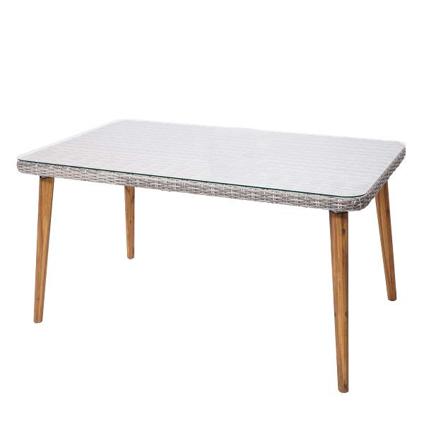 Table à manger en poly rotin Mendler HWC-H65, table de jardin/salon, acier + acacia demi-rond en poly rotin FSC 150x90cm, gris, 73753
