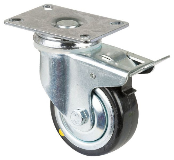 Roulettes BS Roulette pour appareil lourd avec frein, largeur 30 mm, Ø80 mm, 80 kg, caoutchouc gris, conducteur, roulement à billes, platine, lot de 2, C120.A89.080