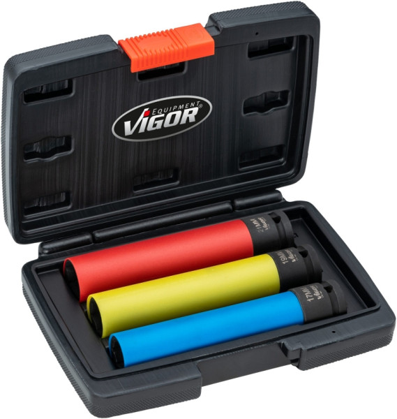 Jeu de douilles pour clés à chocs VIGOR, extra longues, carrées 12,5 mm (1/2"), profil à six pans extérieurs, nombre d'outils : 3, V5933/3