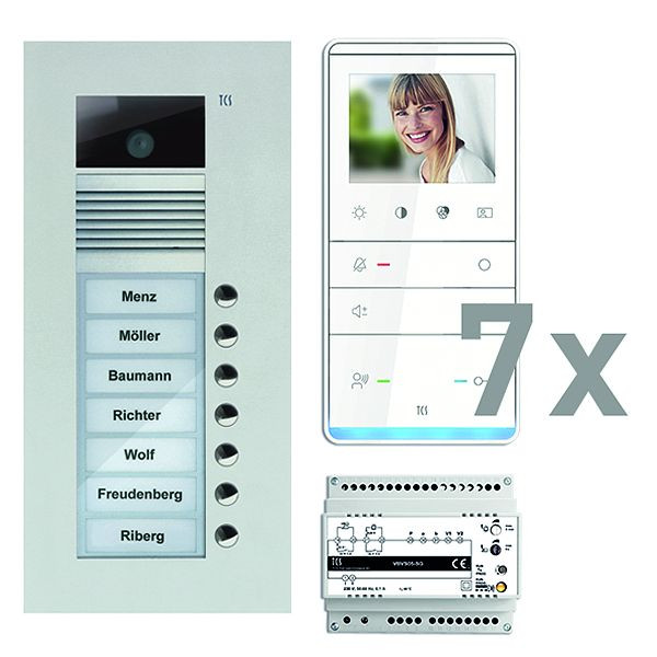 Vidéo du système de commande de porte TCS : pack UP pour 7 unités d'habitation, avec platine de rue AVU 7 boutons de sonnerie, 7x haut-parleur mains libres vidéo IVW5111, commande, PVU17070-0010