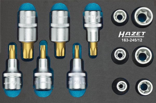 Jeu d'outils Hazet, TORX®, carré creux 12,5 mm, profil TORX® extérieur, profil TORX® intérieur, E10 - E20, T30 - T60, nombre d'outils : 12, 163-245/12
