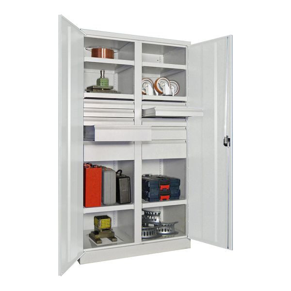 Armoire charges lourdes Pavoy 1950/1040/630, cloison, 6 étagères thermolaquées, 10 tiroirs, portes battantes, poignée rotative avec serrure à cylindre, 36366-104-006-910204