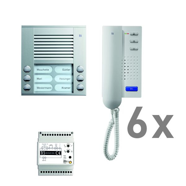 Système de contrôle de porte audio TCS : pack AP pour 6 unités résidentielles, avec poste extérieur PES 6 boutons de sonnerie, 6x interphones ISH3030, unité de contrôle BVS20, PAAH062 / 001